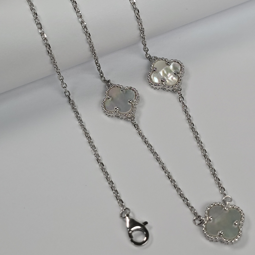 Van Cleef Insp. 3 Clover Mother Pearl Necklace 925 Sterling Silver Adjus 45-50cm